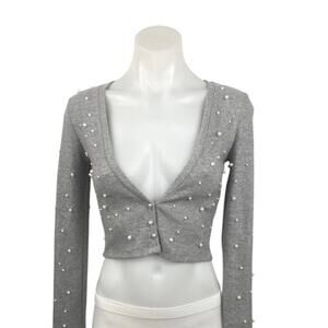 ZARA Gray Rib Knit Pearl Embellished Long Sleeve Crop Cardigan Sweater Top Sz S